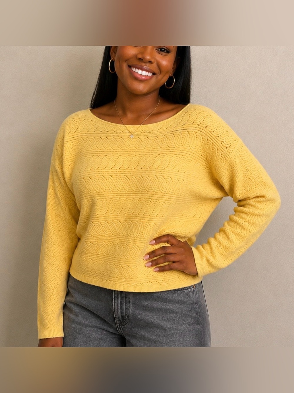 Cyrus Autumn Yellow Textured Knit Fall Sweater - Women's size L